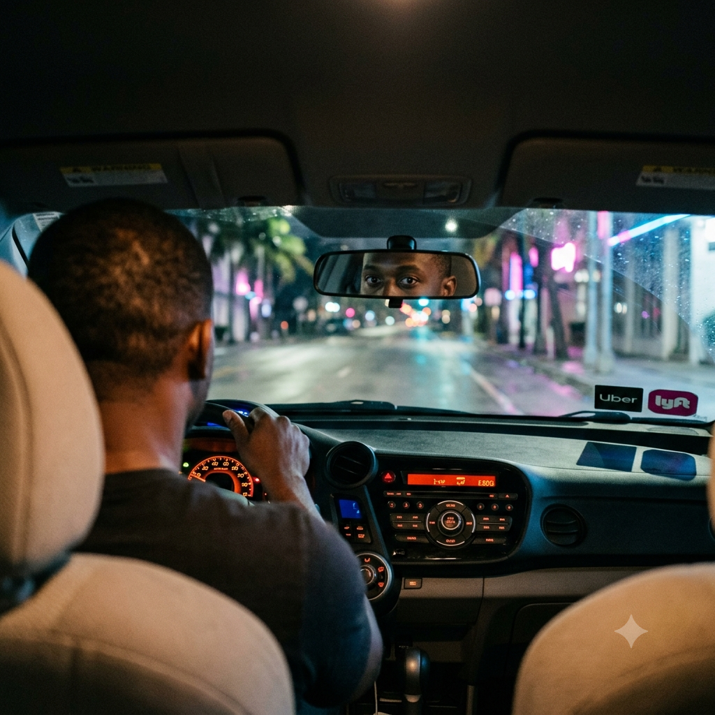 An Uber driver working in Miami at night