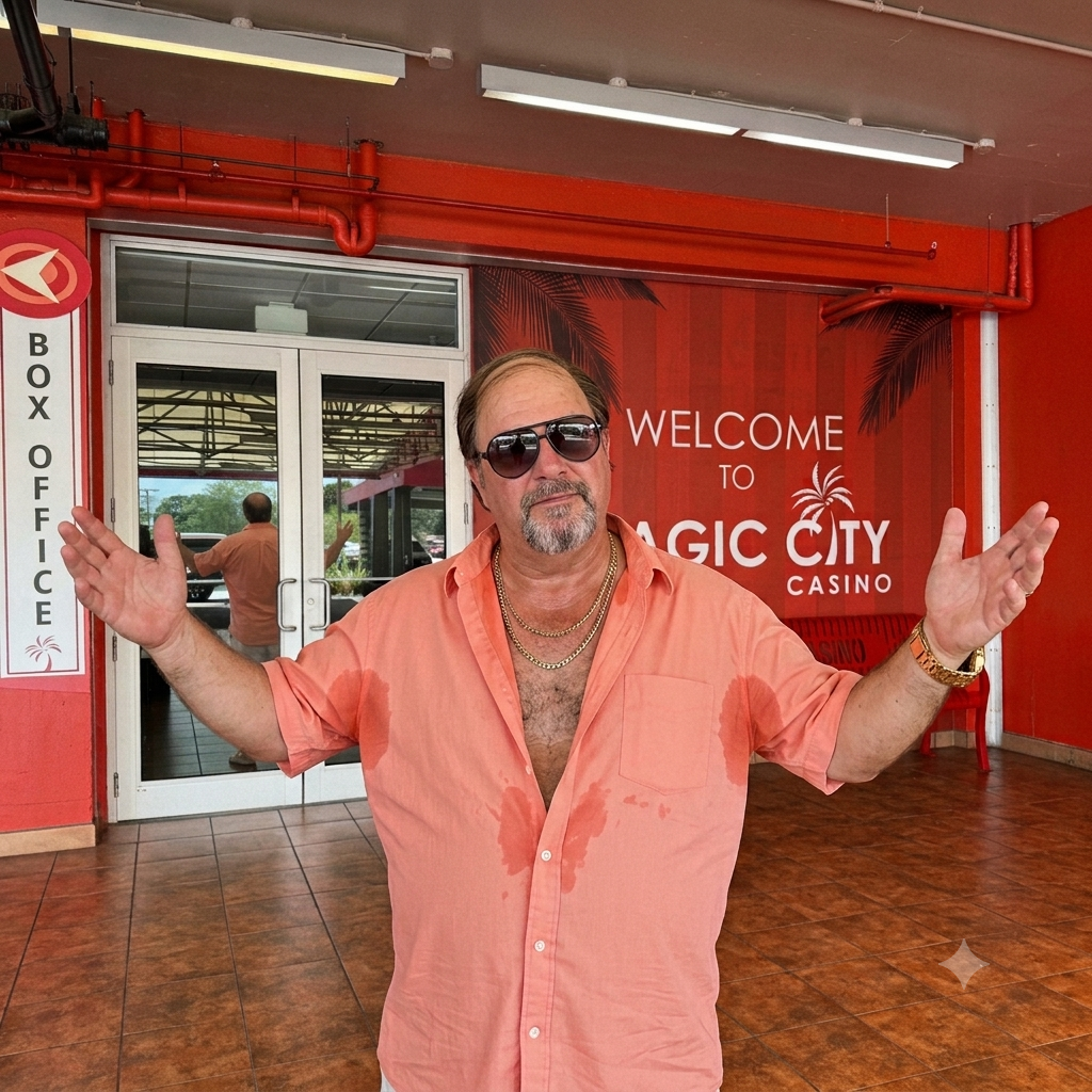 The smarmy casino owner welcoming people to Magic City