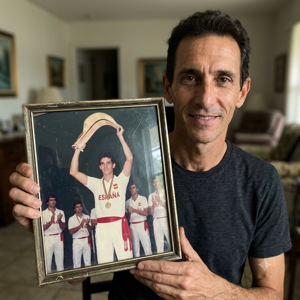 A retired jai alai legend holding a framed photograph of his playing days