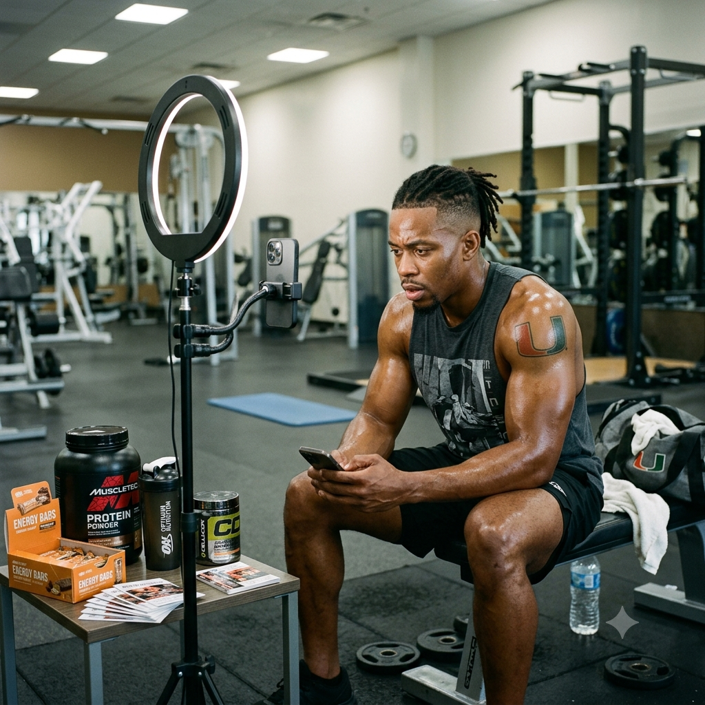 A muscular fitness influencer filming himself with a ring light in a gym