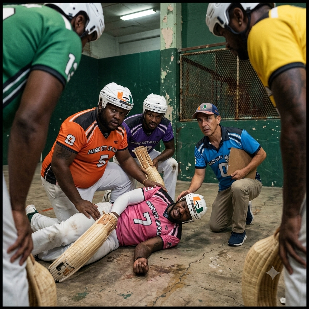 An injured player lies on the court surrounded by his friends